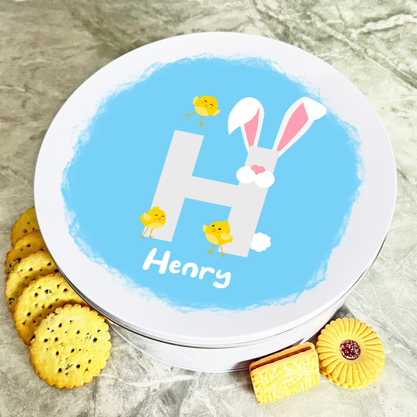 Bunny Ears Letter H Round Easter Personalised Gift Biscuit Sweets Treat Tin