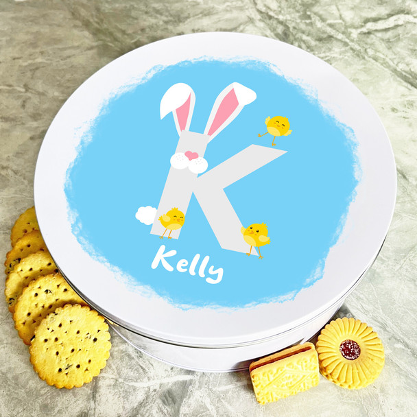 Bunny Ears Letter K Round Easter Personalised Gift Biscuit Sweets Treat Tin