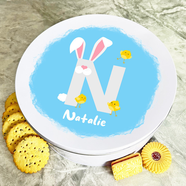 Bunny Ears Letter N Round Easter Personalised Gift Biscuit Sweets Treat Tin