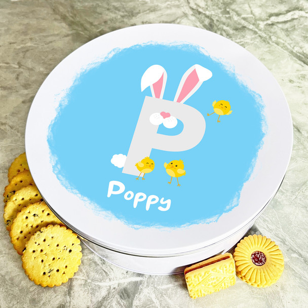 Bunny Ears Letter P Round Easter Personalised Gift Biscuit Sweets Treat Tin