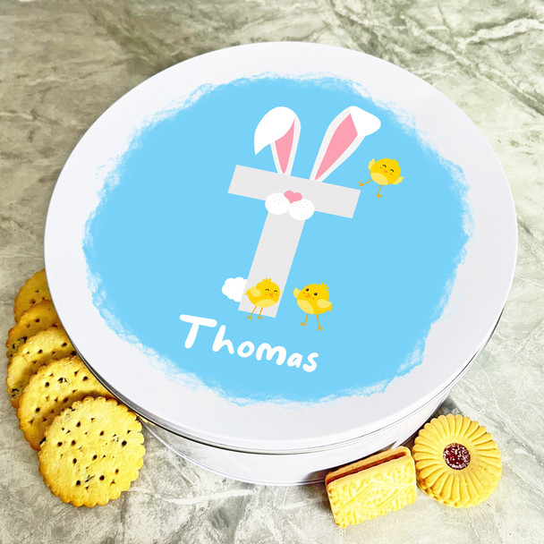 Bunny Ears Letter T Round Easter Personalised Gift Biscuit Sweets Treat Tin