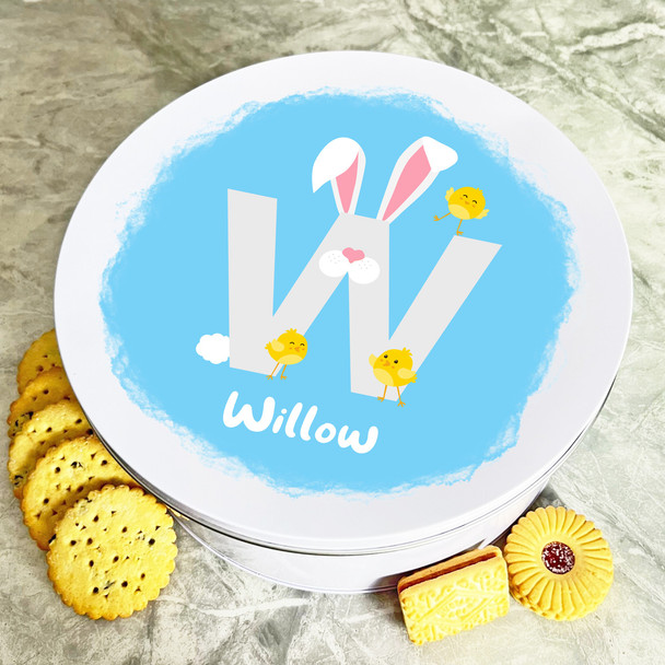 Bunny Ears Letter W Round Easter Personalised Gift Biscuit Sweets Treat Tin