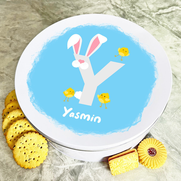 Bunny Ears Letter Y Round Easter Personalised Gift Biscuit Sweets Treat Tin