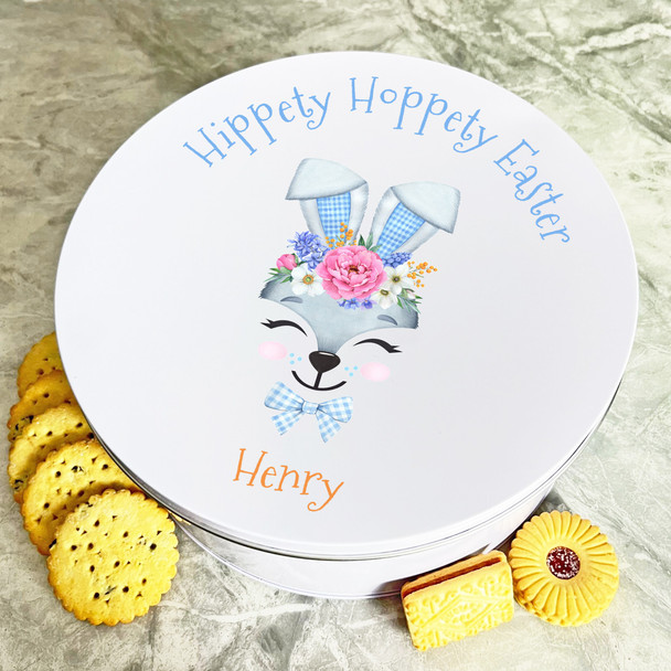 Cute Blue Easter Bunny Round Personalised Gift Cake Biscuits Sweets Treat Tin