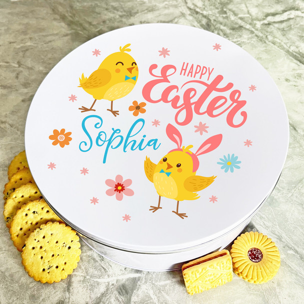 Cute Easter Chicks Flowers Round Personalised Gift Biscuit Sweets Treat Tin