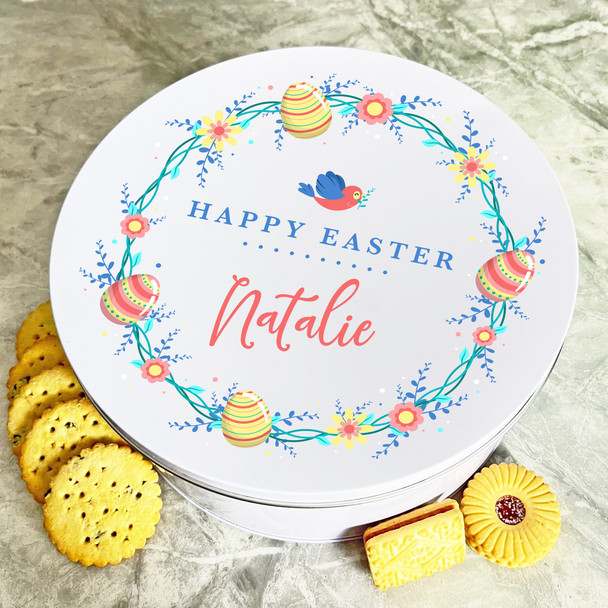 Bright Easter Floral Wreath Round Personalised Gift Biscuit Sweets Treat Tin