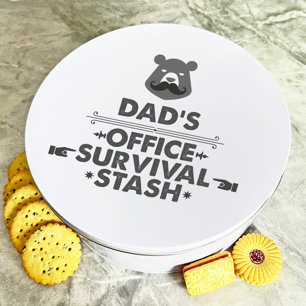 Dad's Office Survival Stash Round Personalised Gift Biscuit Sweets Treat Tin