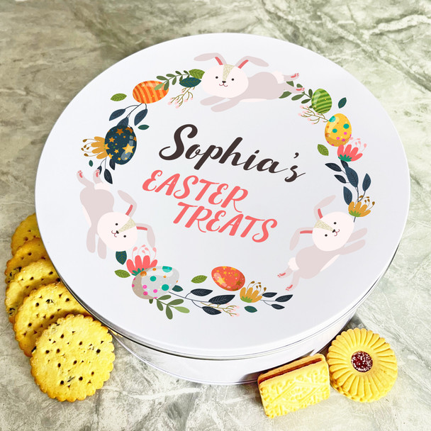 Easter Eggs Bunnies Floral Round Personalised Gift Biscuit Sweets Treat Tin