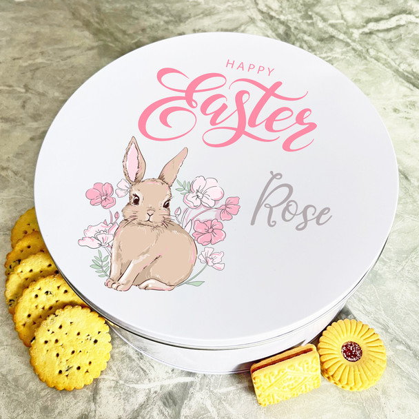 Easter Rabbit Pink Flowers Round Personalised Gift Biscuit Sweets Treat Tin