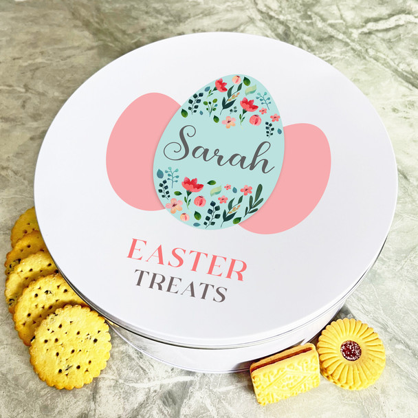 Easter Treats Egg Floral Pink Round Personalised Gift Biscuit Sweets Treat Tin