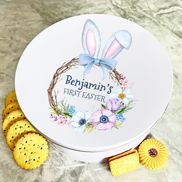 Easter Wreath Bunny Ears Blue Round Personalised Gift Biscuit Sweets Treat Tin