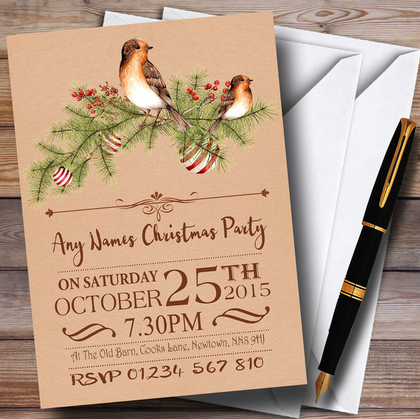 Christmas Rustic Robin Customised Christmas Party Invitations