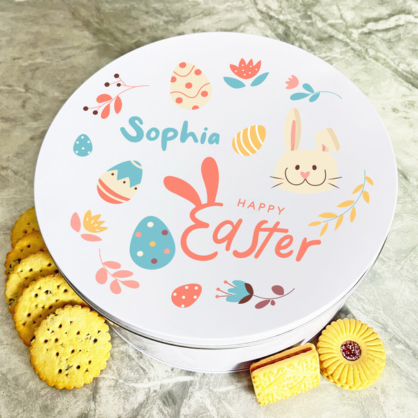 Happy Easter Cute Bunny Face Round Personalised Gift Biscuit Sweets Treat Tin