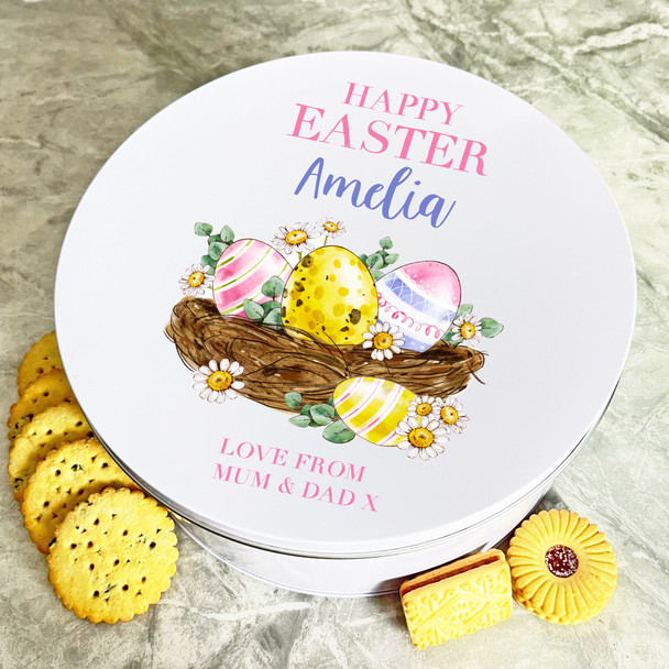 Happy Easter Eggs Daisy Round Personalised Gift Cake Biscuits Sweets Treat Tin