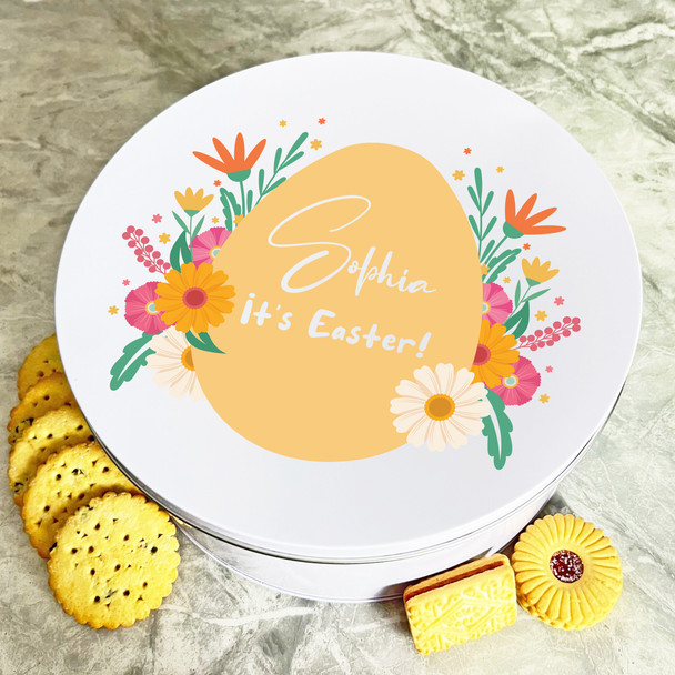 Orange Floral Easter Egg Round Personalised Gift Cake Biscuits Sweets Treat Tin