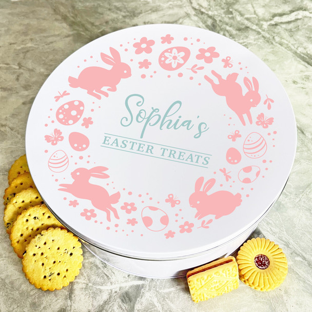 Pink Bunnies Wreath Easter Round Personalised Gift Biscuit Sweets Treat Tin