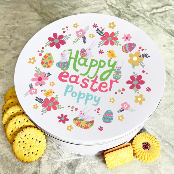 Pink Floral Happy Easter Round Personalised Gift Cake Biscuits Sweets Treat Tin
