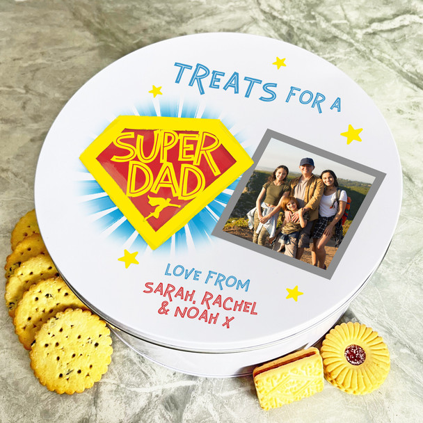 Treats For Super Dad Photo Hero Round Personalised Gift Biscuit Sweets Treat Tin