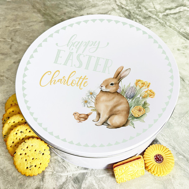 Vintage Style Easter Rabbit Round Personalised Gift Biscuit Sweets Treat Tin