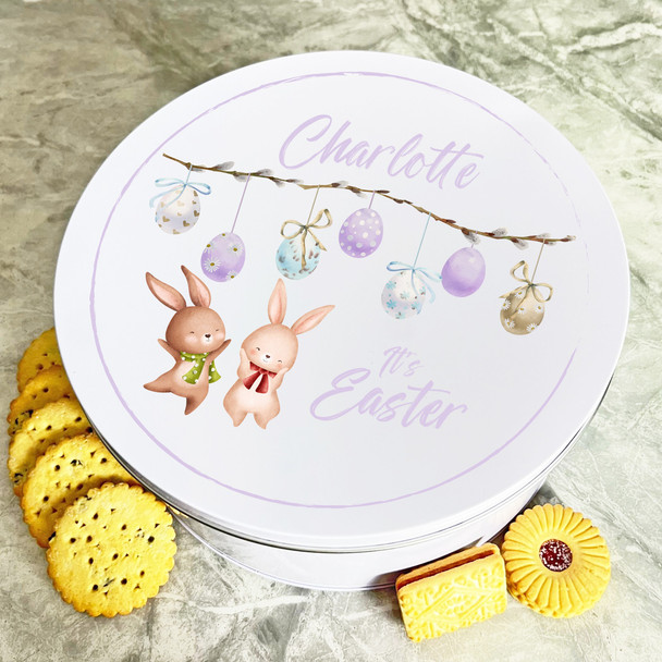 Watercolour Easter Eggs Rabbits Round Personalised Gift Biscuit Sweets Treat Tin