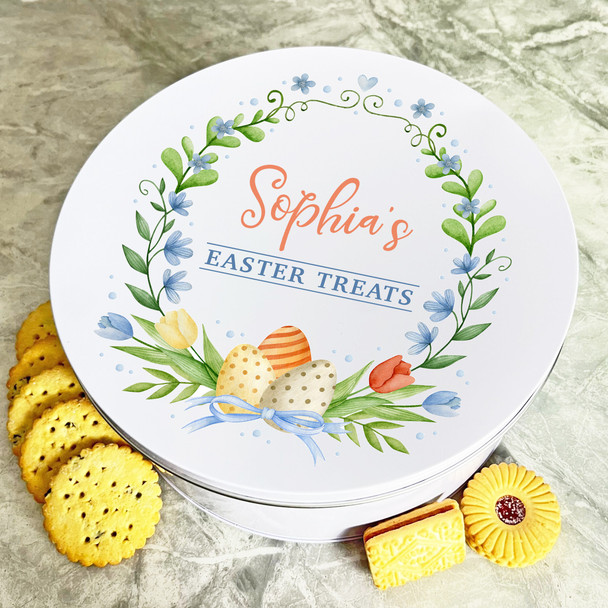 Watercolour Easter Eggs Wreath Round Personalised Gift Biscuit Sweets Treat Tin