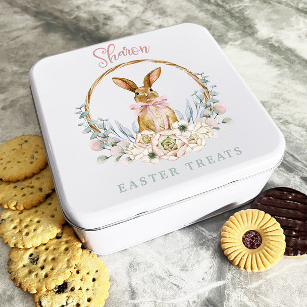 Easter Rabbit Pink Flower Wreath Personalised Gift Biscuit Sweets Treat Tin