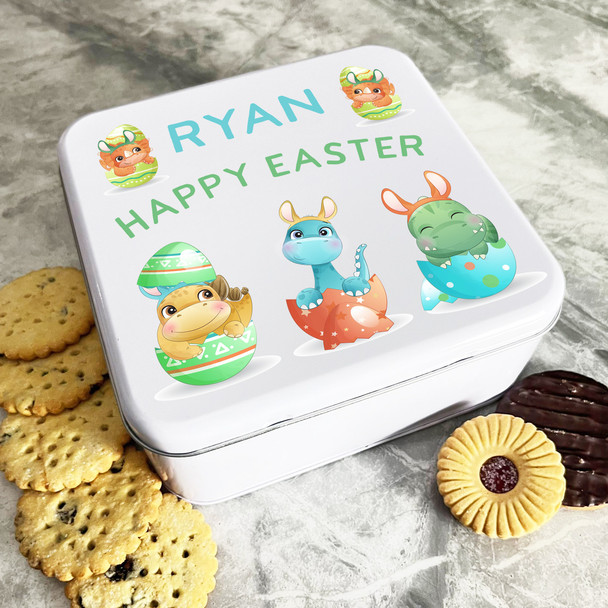 Happy Easter Dinosaur Egg Personalised Gift Cake Biscuits Sweets Treat Tin