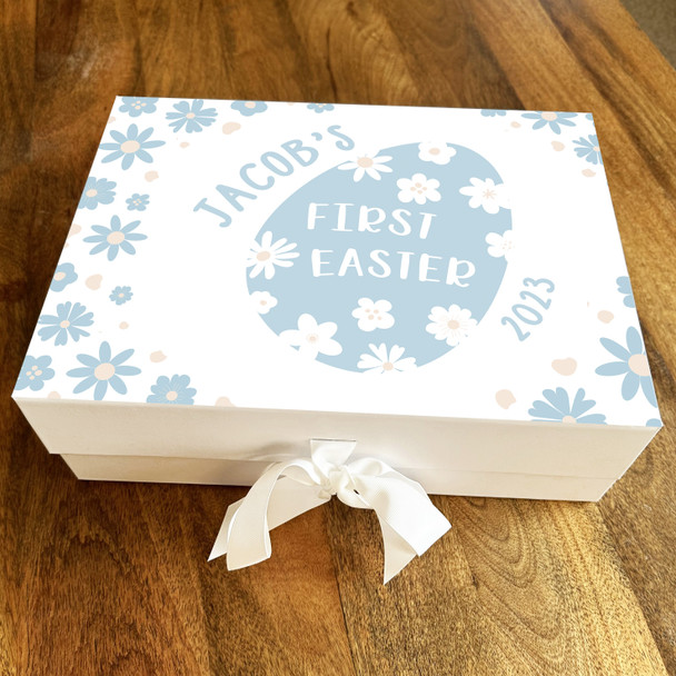 Blue Egg White Flowers First Easter Personalised Keepsake Hamper Gift Box
