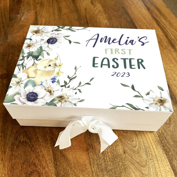 Chick And Flowers First Easter Personalised Keepsake Hamper Gift Box