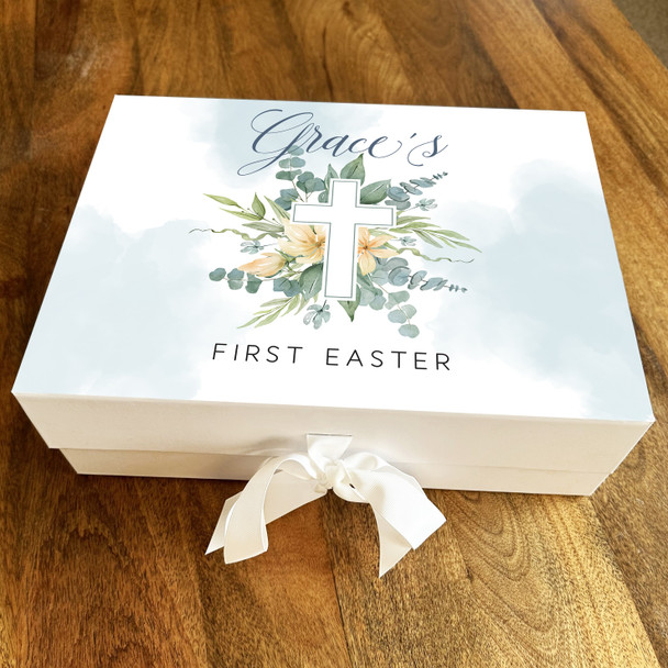 Floral Christian Cross First Easter Personalised Keepsake Hamper Gift Box