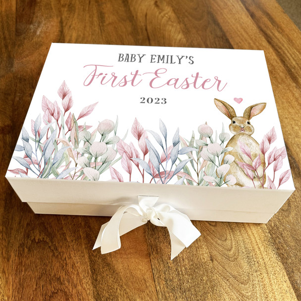 Pastel Leaves Cute Rabbit First Easter Personalised Keepsake Hamper Gift Box