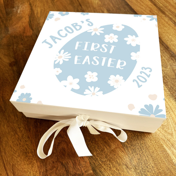 Blue Egg White Flowers First Easter Personalised Square Keepsake Hamper Gift Box