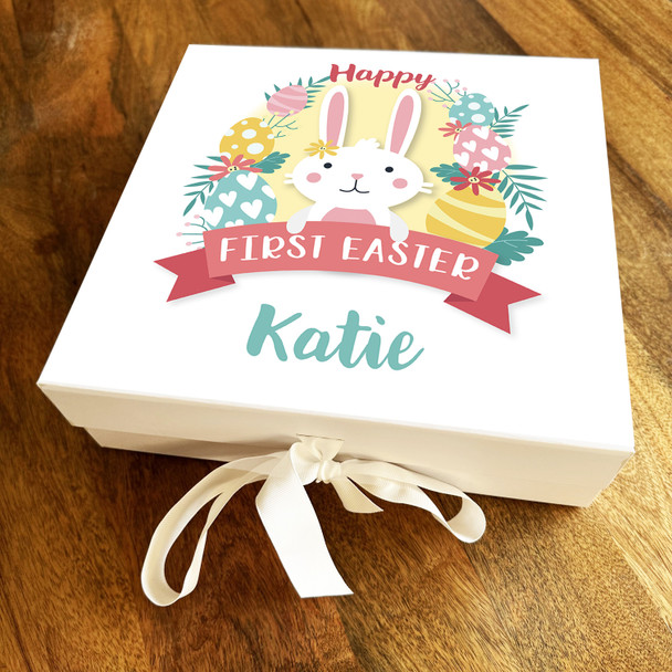 Colourful White Rabbit First Easter Personalised Square Keepsake Hamper Gift Box