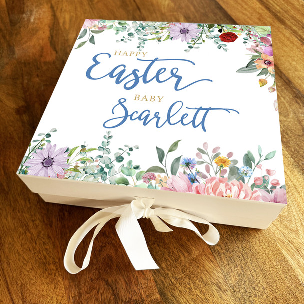 Colourful meadow Flowers Baby Easter Personalised Square Hamper Gift Box