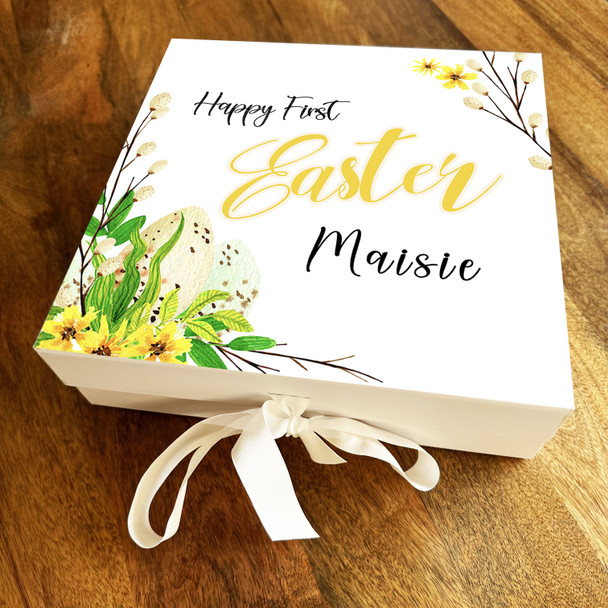 Yellow Flowers Eggs First Easter Personalised Square Hamper Gift Box