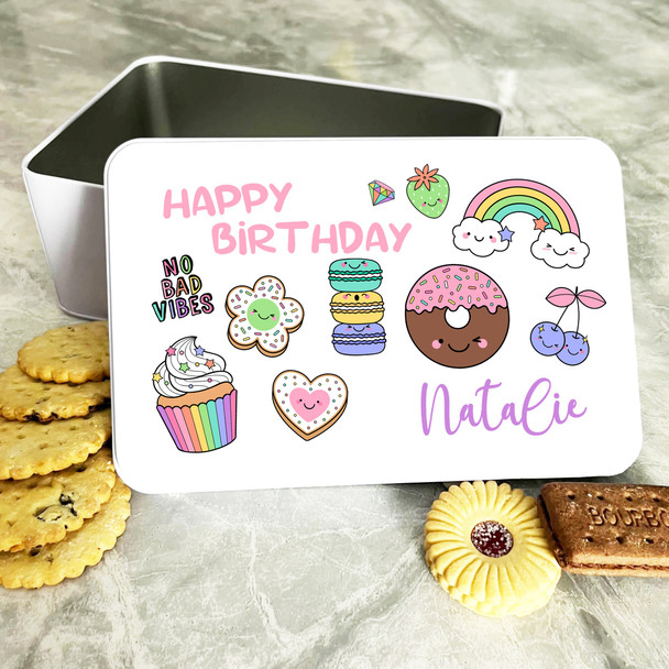 No Bad Vibes Colourful Characters Birthday Rectangle Personalised Treat Tin