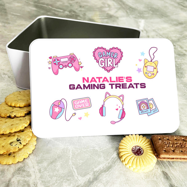 Pink Purple Gaming Gadgets Rectangle Personalised Treat Tin