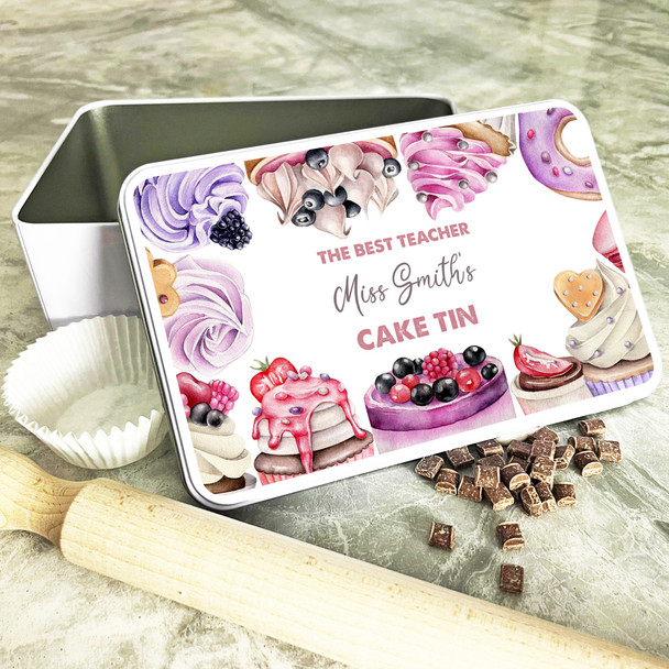 Watercolour Bakes Frame Best Teacher Rectangle Personalised Cake Tin