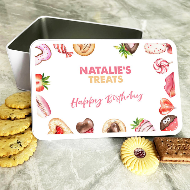Watercolour Happy Birthday Treats Frame Rectangle Personalised Treat Tin