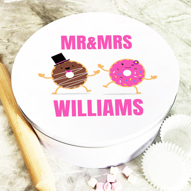 Round Dancing Donuts Mr & Mrs Wedding Personalised Cake Tin