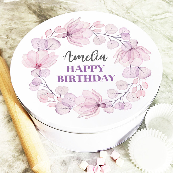 Round Happy Birthday Pretty Flowers Pink Personalised Cake Tin
