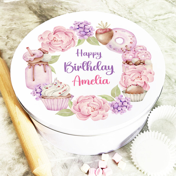 Round Birthday Cake Sweets Pretty Flowers Pink Personalised Cake Tin