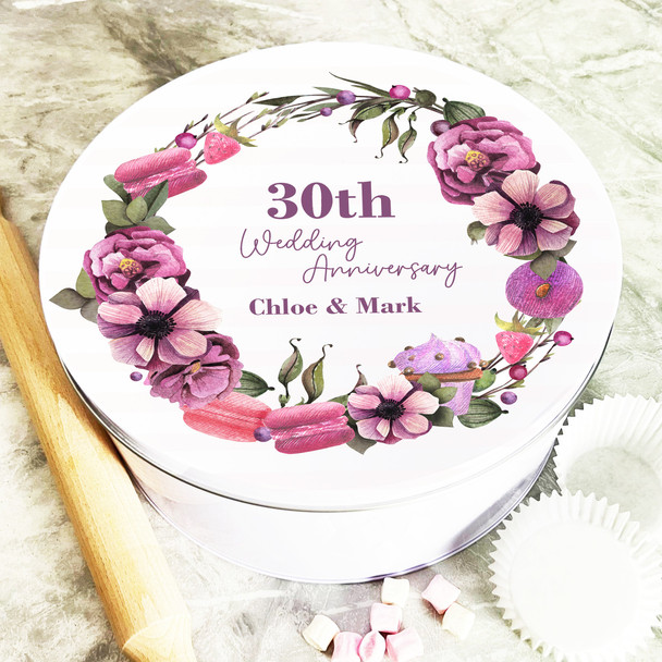 Round Macarons Floral Wreath 30th Wedding Anniversary Personalised Cake Tin