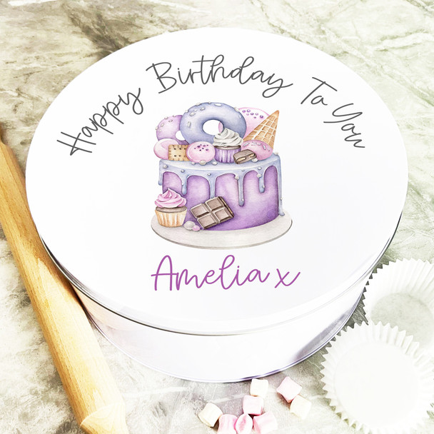 Round Birthday Purple Cake Female Personalised Cake Tin