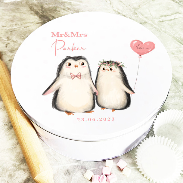 Round Penguins Married Couple Hearts Pink Personalised Treat Tin