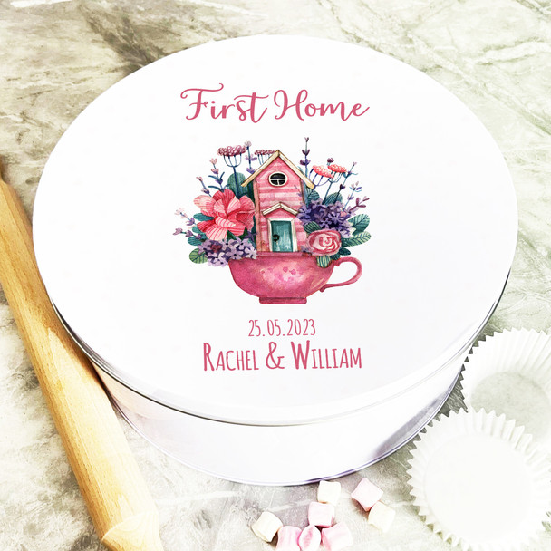 Round Pink Cup House First Home Flowers Personalised Treat Tin
