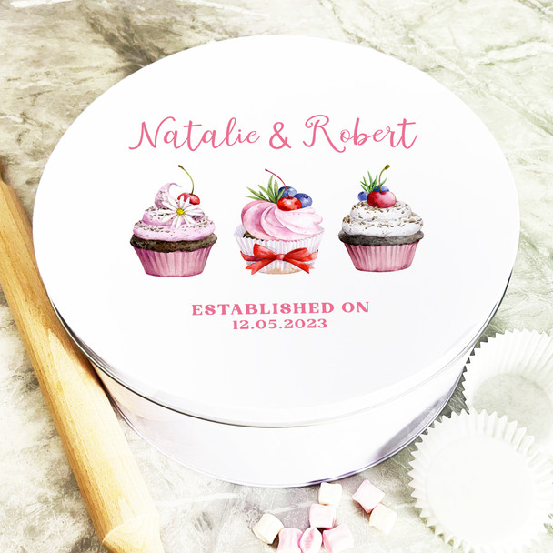 Round Pink Cupcakes Anniversary Date Personalised Cake Tin
