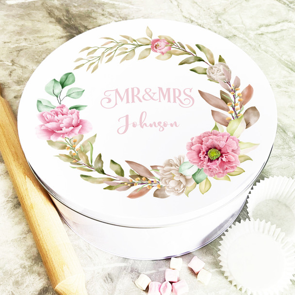 Round Pink Watercolour Wreath Personalised Cake Tin