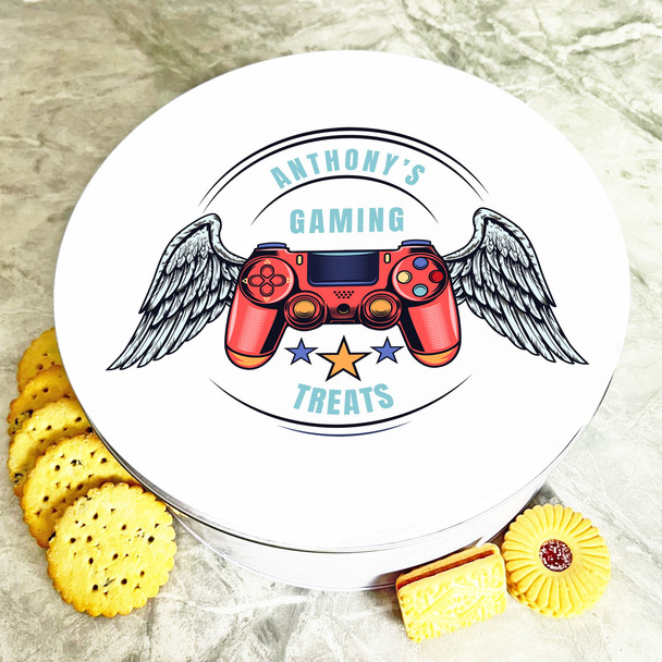 Round Red Controller With Wings Personalised Treat Tin