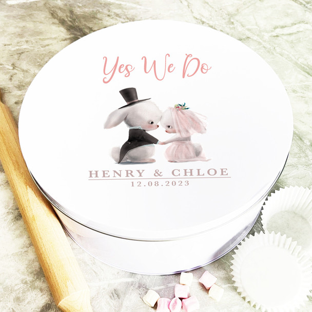 Round Watercolour Bride Groom Bunnies Personalised Cake Tin